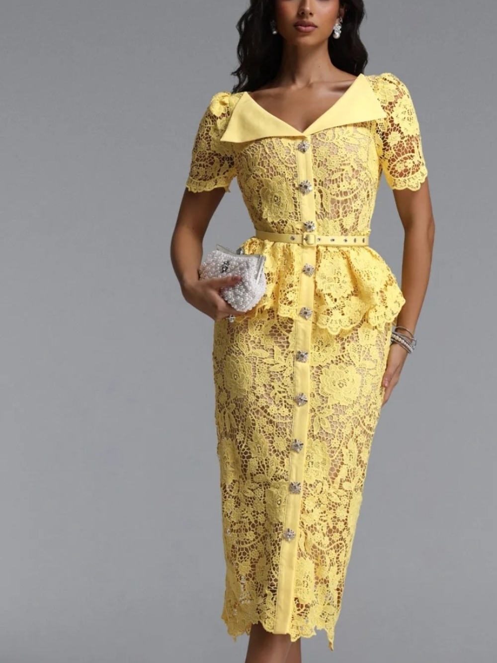 Yellow Lace Peplum Button-Front Dress